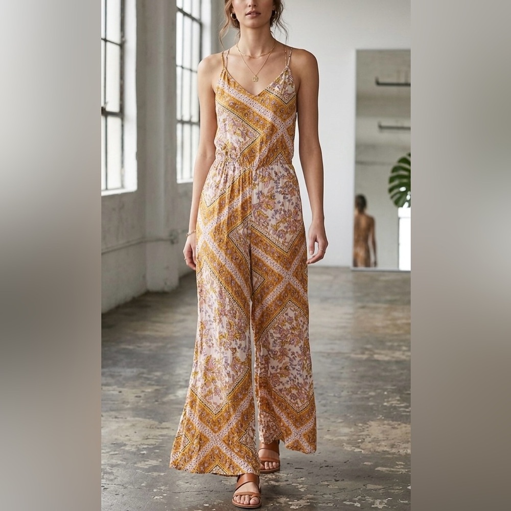 Mango Mustard Floral Back-Tie Jumpsuit